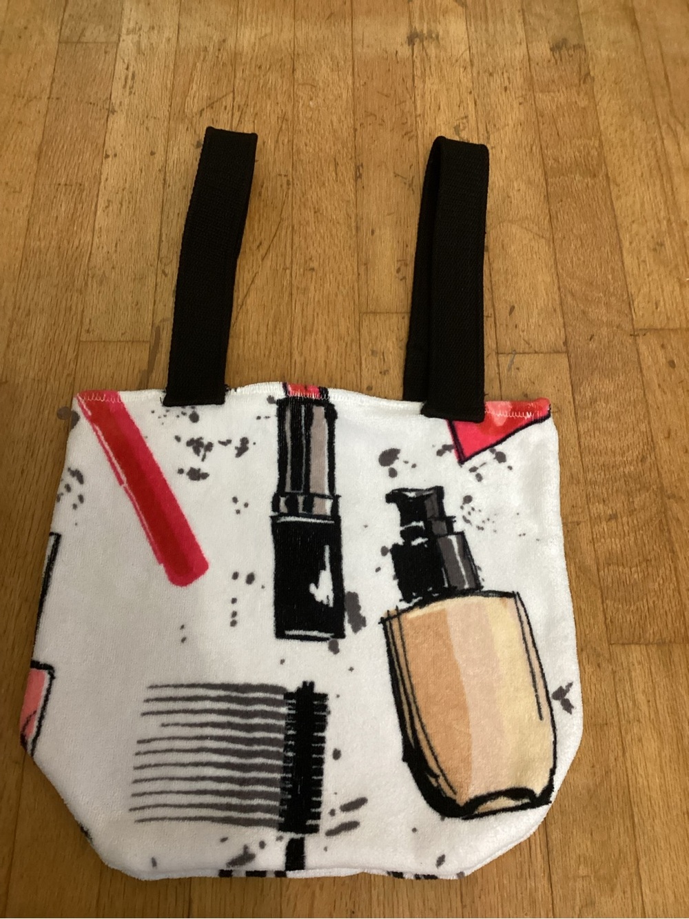 Up cycled Cosmetic Print Women’s Tote Bag in White , red and Black